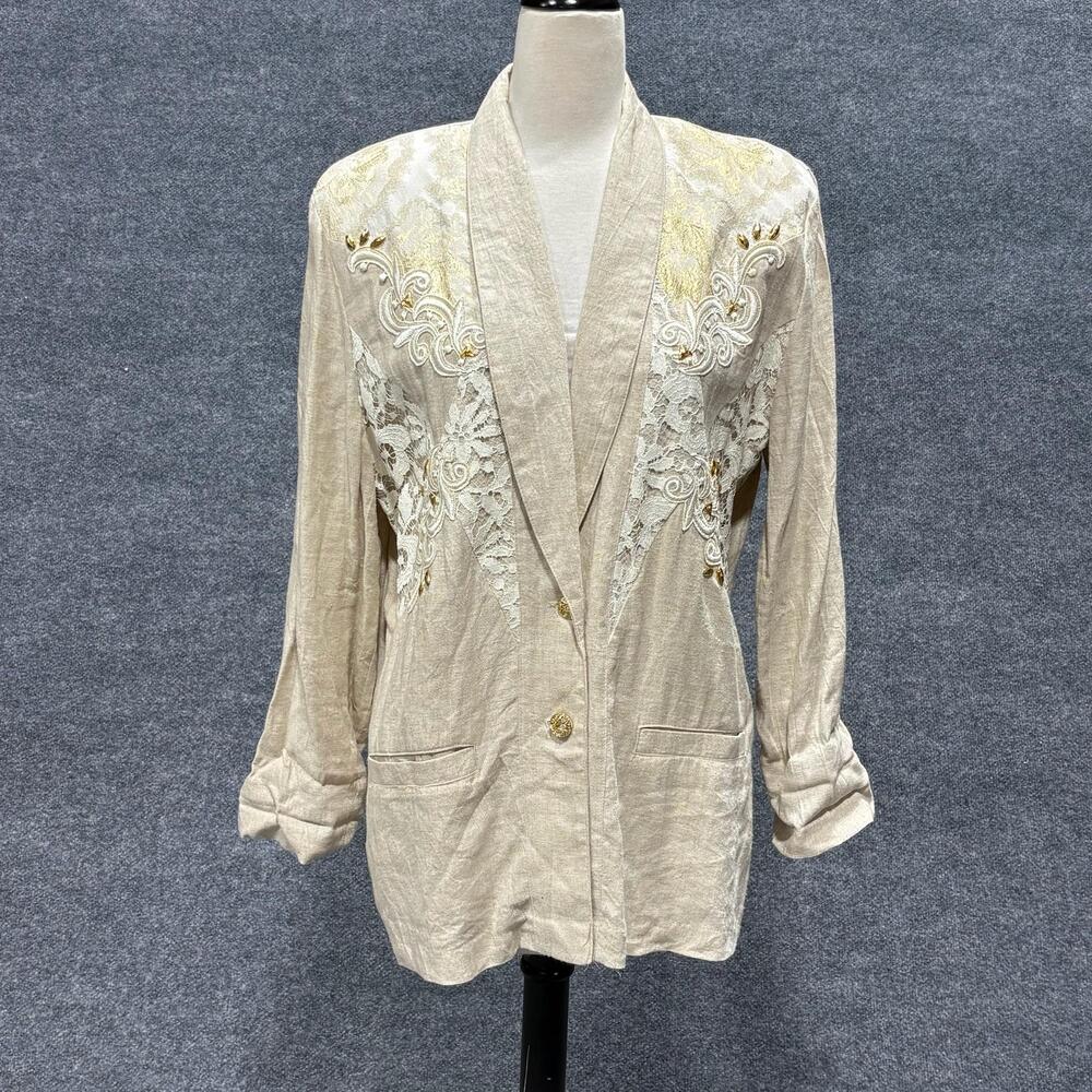 Vintage Saint Germain Paris Blazer Womens Medium Beige Lace Tuxedo Jacket USA